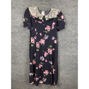 Vtg 80s 90s Blue Floral Shirt Dress Lace Sz 14 Cottagecore Grandma Romantic